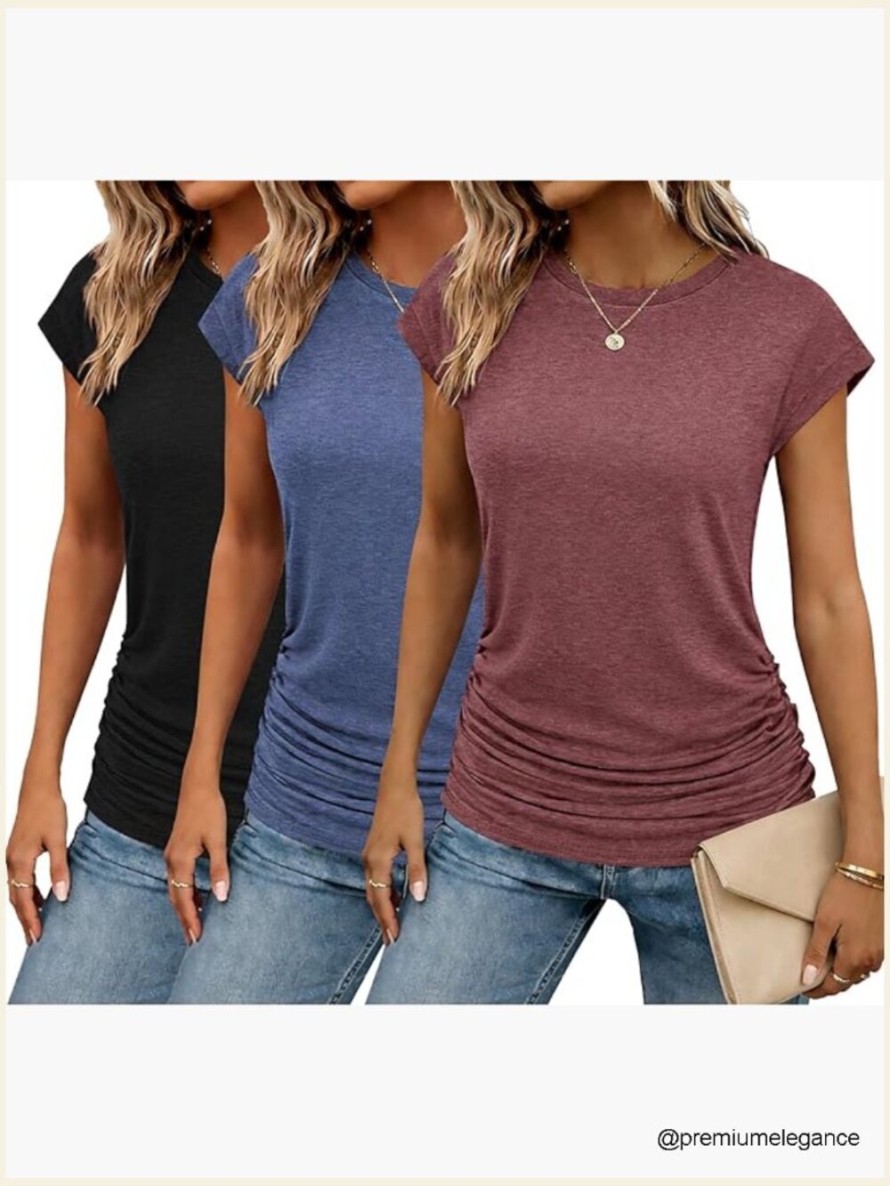Side Ruched Crew Neck Cap Sleeve Tunic Blouse